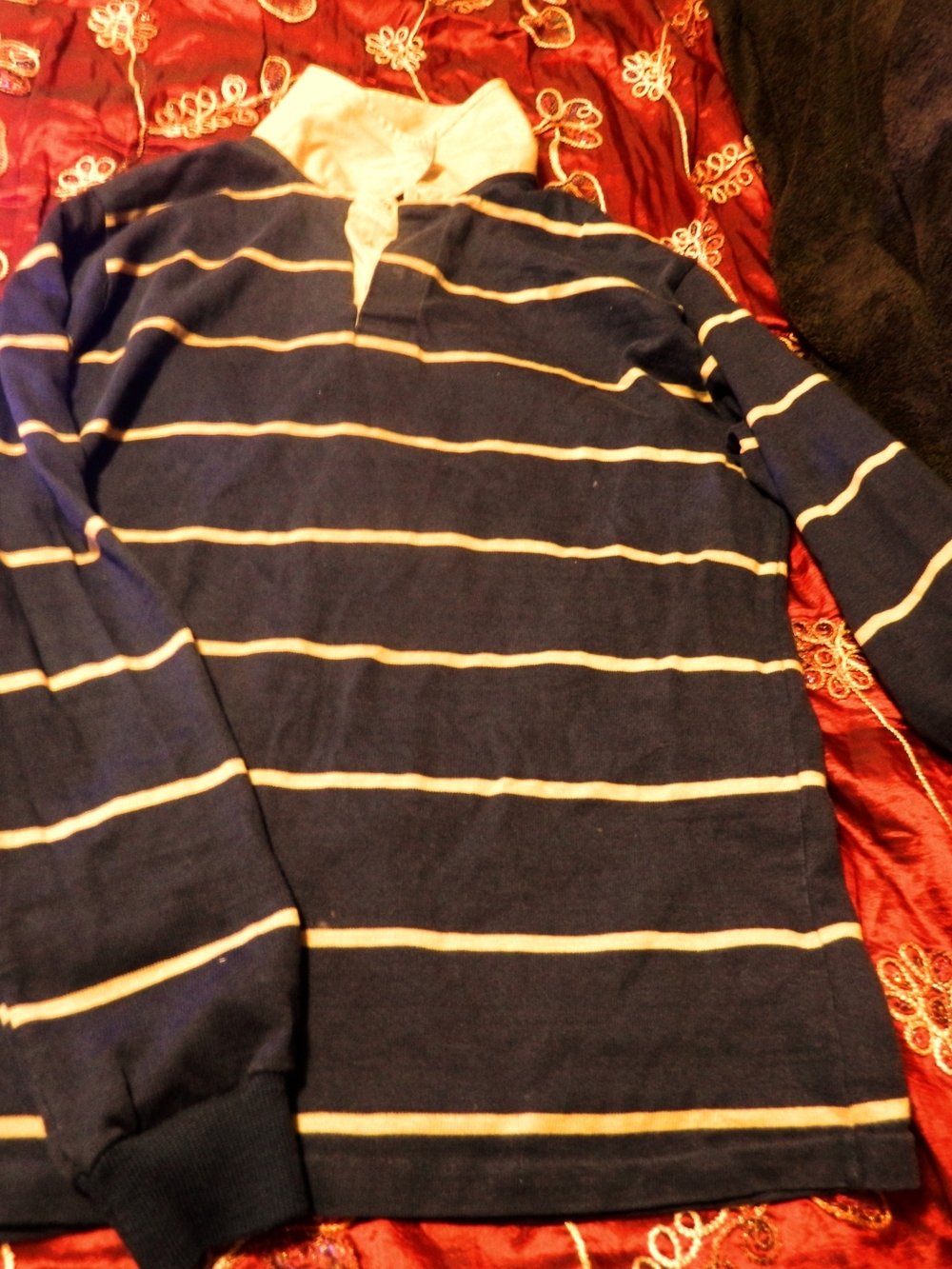 Men's Navy Striped Long Sleeve Rugby Shirt - White Collar